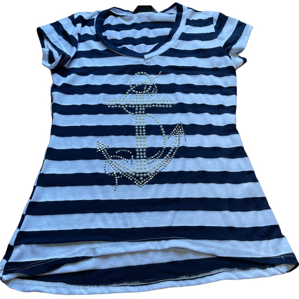 SJS womens petite size small navy white pearl and stud short sleeve anchor top
